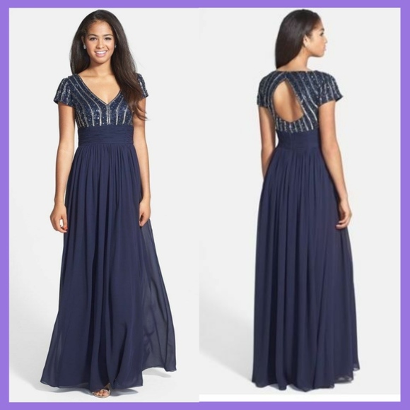 NWT JS Collections Embellished Chiffon Gown Navy‎ Blue [SZ 2 ] - Picture 2 of 10